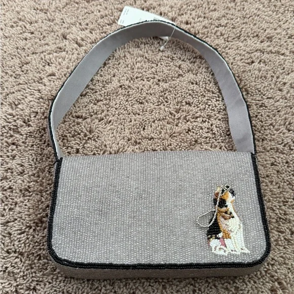 NWT new flaw Anthropologie Maeve Fiona beaded bag beagle dog gray embroidered - Picture 10 of 16